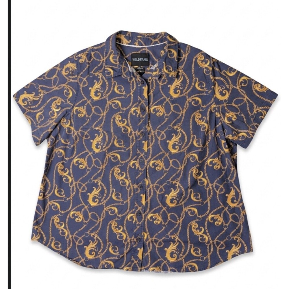 WILDFANG The Essential Button Up Shirt 2X Blue Gold Chain Baroque Print Cotton